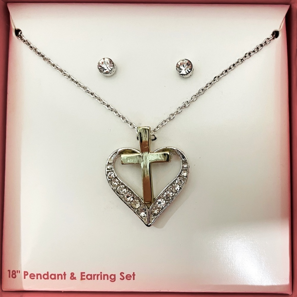 Heart and Cross 18 inch Silver Necklace and Earring Set with Gift Box